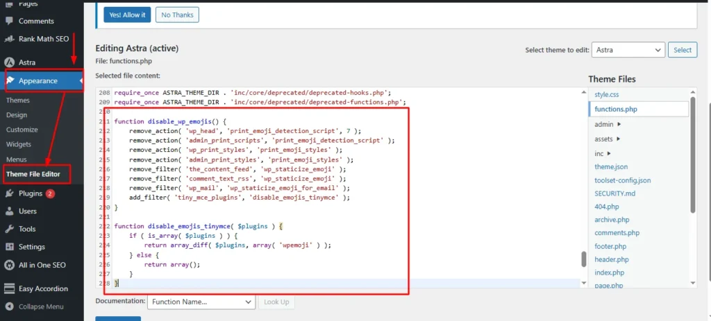 A code snippet showing the PHP functions required to remove emoji support from WordPress.