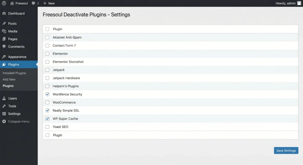 Screenshot of WordPress Freesoul Deactivate Plugins settings page showing unchecked plugin list with Save Settings button in admin dashboard