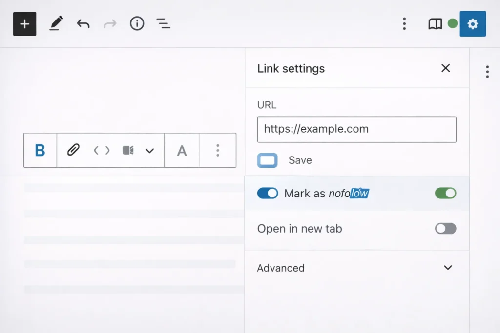 WordPress Gutenberg editor screenshot showing link settings panel with
nofollow toggle option enabled