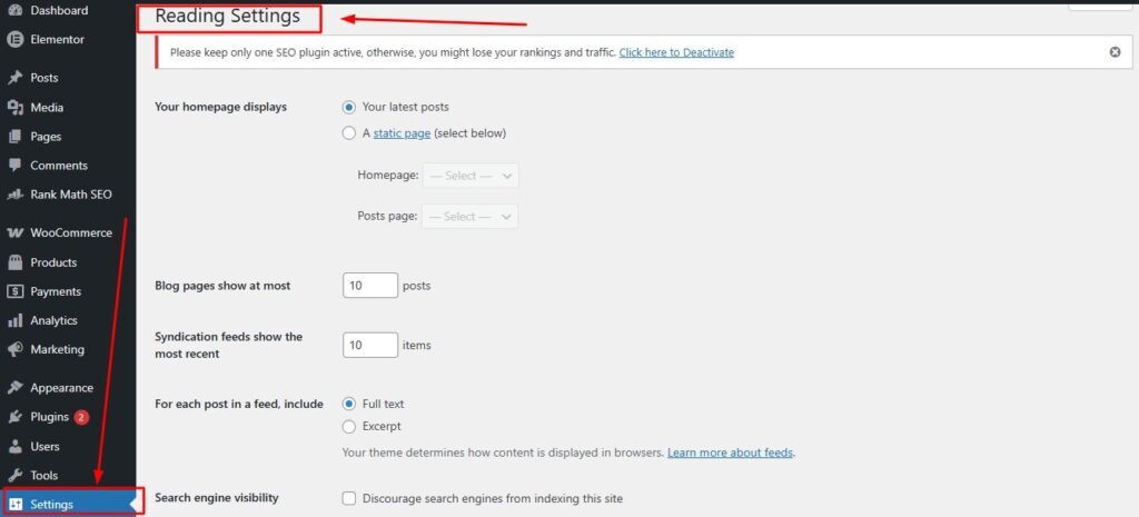 WordPress homepage title conflict fix showing site title, page title, and SEO settings panel