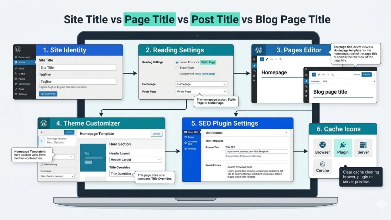 A flowchart illustration of the WordPress dashboard showing how to fix homepage and blog page title conflicts through Reading Settings, Theme Customizer, and SEO plugins.