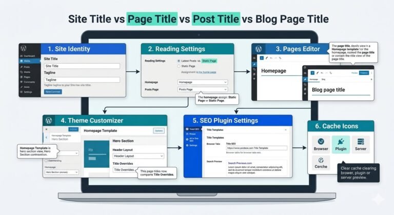 A flowchart illustration of the WordPress dashboard showing how to fix homepage and blog page title conflicts through Reading Settings, Theme Customizer, and SEO plugins.
