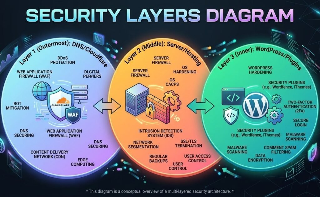 WordPress hosting security features including firewall, malware scanning, backups, and server protection