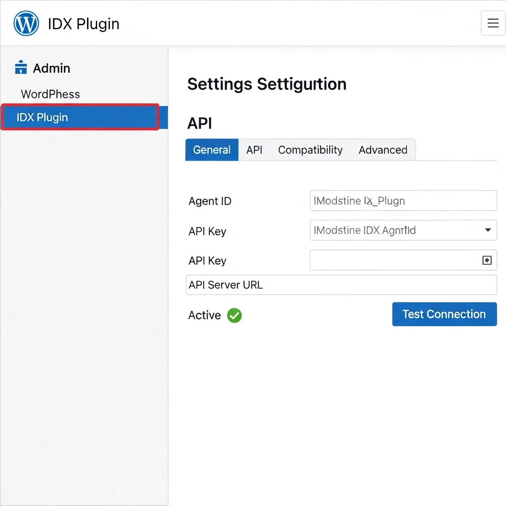 Screenshot of WordPress dashboard showing IDX plugin settings page with API credential fields, status indicator, and configuration options