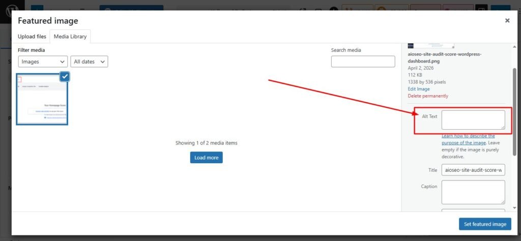 The WordPress Media Settings sidebar highlighting the "Alt Text (Alternative Text)" field for an uploaded image.