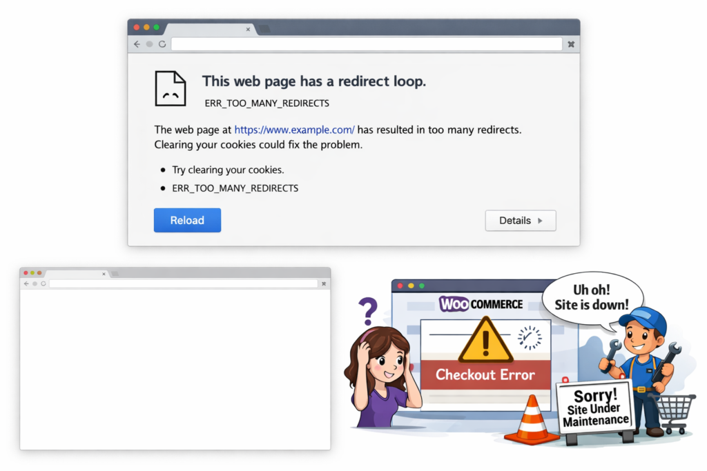 WordPress login redirect mistakes showing redirect loop error, functions.php issue, and WooCommerce checkout interruption