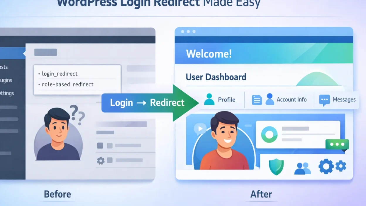 WordPress login redirect illustration showing admin dashboard confusion and smooth user dashboard experience after redirect