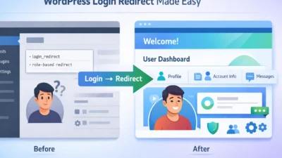 WordPress login redirect illustration showing admin dashboard confusion and smooth user dashboard experience after redirect