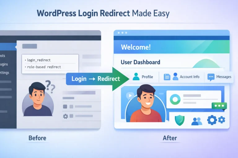 WordPress login redirect illustration showing admin dashboard confusion and smooth user dashboard experience after redirect