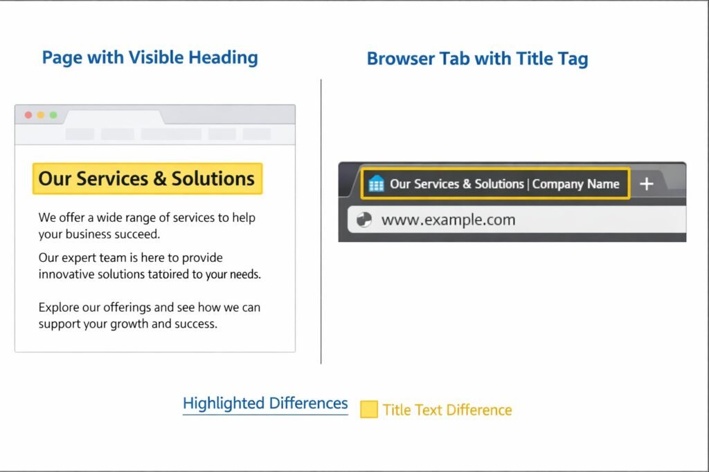 WordPress page title vs browser tab title showing difference between visible heading and SEO title tag