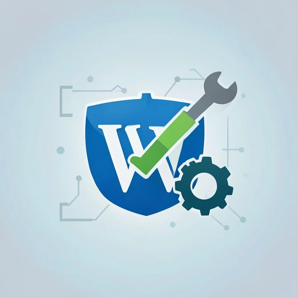 WordPress plugin troubleshooting solution with checkmark and repair gear icon on blue gradient background