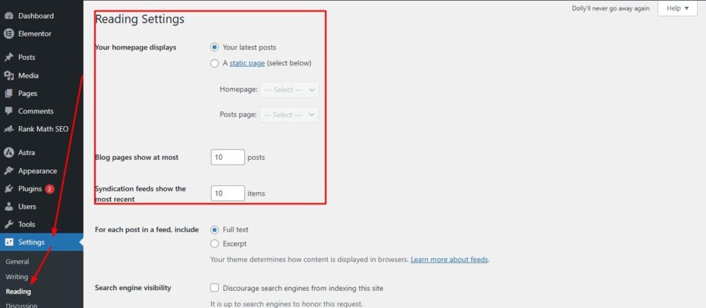 Screenshot of the WordPress Reading Settings page highlighting the "Discourage search engines from indexing this site" checkbox.