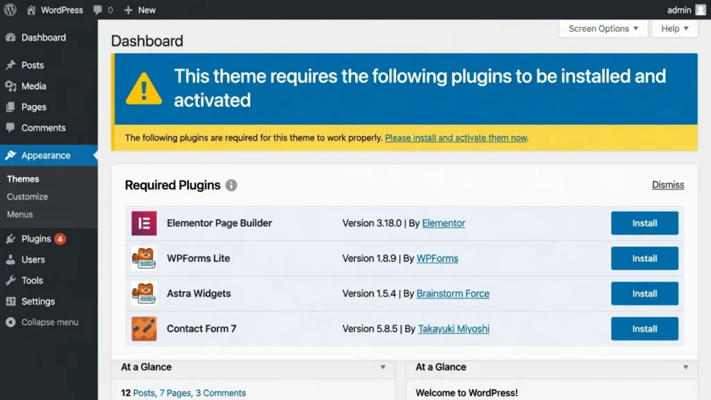 Screenshot of WordPress dashboard showing blue notification banner at top alerting users to install required plugins with install buttons for each plugin