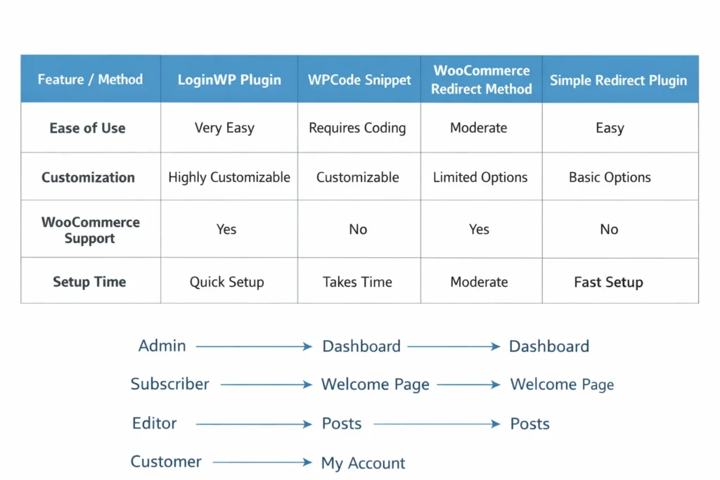Diagram showing WordPress role-based login redirects where admin goes to dashboard, subscriber to welcome page, editor to posts, and customer to account page