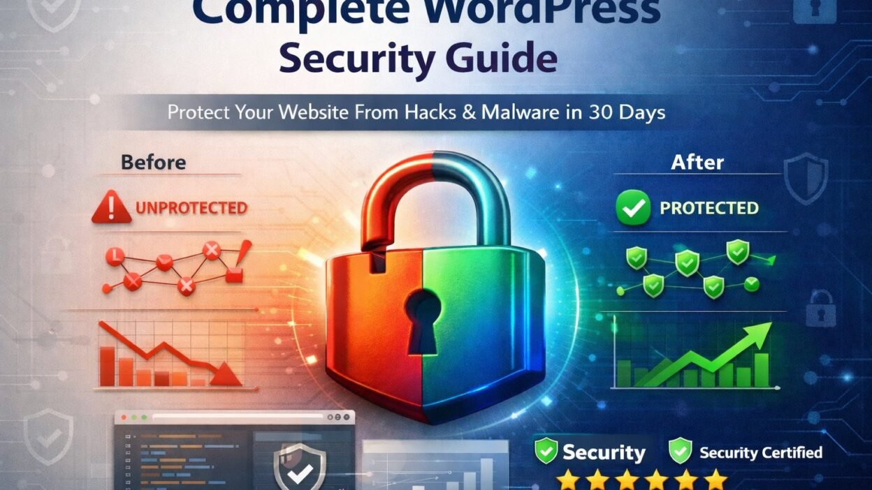 Complete WordPress security guide illustration showing before and after website protection with padlock, network security, and growth indicators
