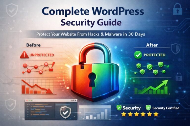 Complete WordPress security guide illustration showing before and after website protection with padlock, network security, and growth indicators