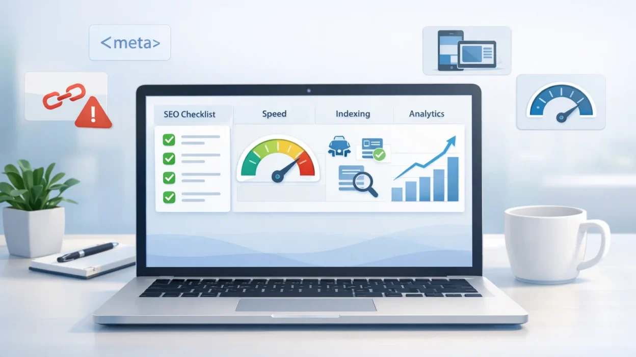 WordPress SEO audit dashboard on laptop showing checklist, speed performance gauge, indexing status, and analytics growth
