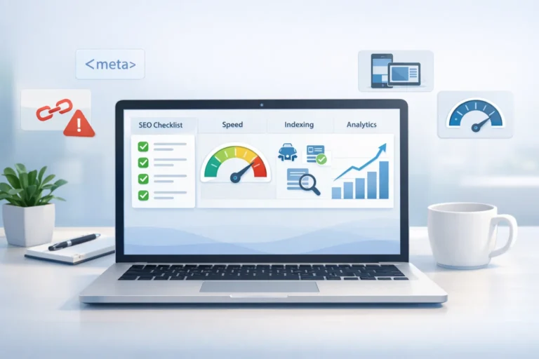 WordPress SEO audit dashboard on laptop showing checklist, speed performance gauge, indexing status, and analytics growth