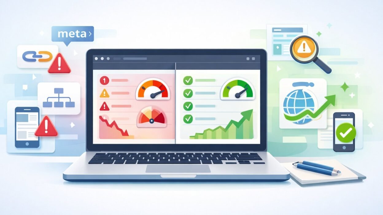 Step-by-step WordPress SEO audit on a laptop showing site health score, broken links, and page speed metrics