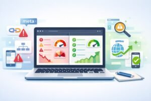 Step-by-step WordPress SEO audit on a laptop showing site health score, broken links, and page speed metrics