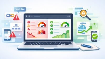 Step-by-step WordPress SEO audit on a laptop showing site health score, broken links, and page speed metrics