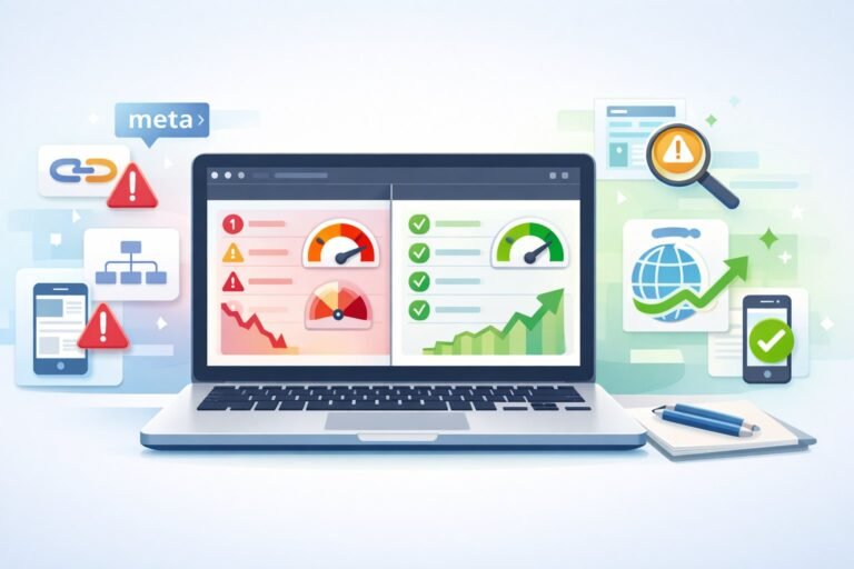Step-by-step WordPress SEO audit on a laptop showing site health score, broken links, and page speed metrics