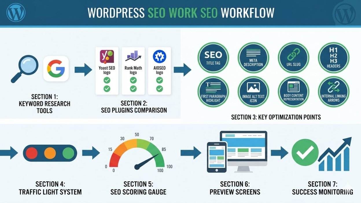 WordPress SEO keyword optimization workflow showing 8 steps from keyword research to final optimization success with plugins, titles, meta description, URL, headings, and image alt text