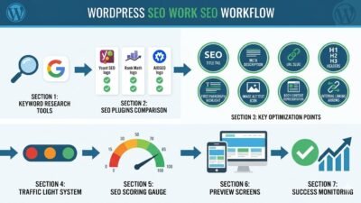 WordPress SEO keyword optimization workflow showing 8 steps from keyword research to final optimization success with plugins, titles, meta description, URL, headings, and image alt text