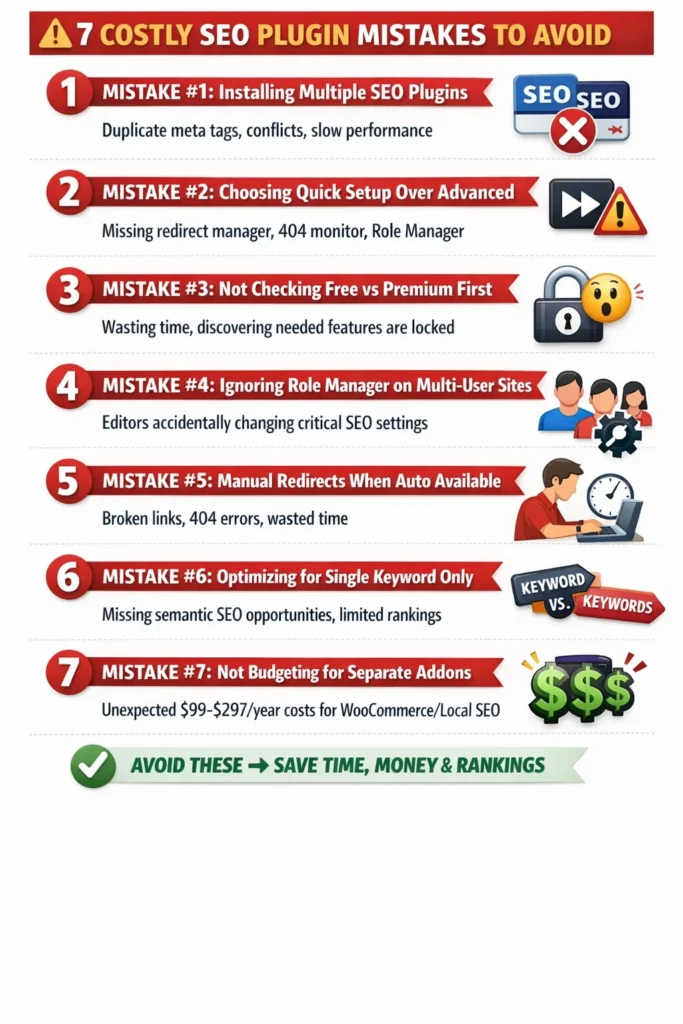 Infographic showing 7 common WordPress SEO plugin mistakes to avoid including installing multiple plugins simultaneously, choosing quick setup mode, not checking free versus premium features, ignoring role manager, manual redirect management, single keyword optimization, and not budgeting for separate eCommerce and local SEO addons
