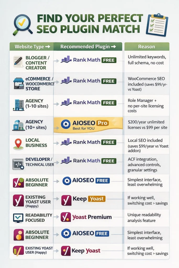 Decision chart matching website types to recommended SEO plugins showing Rank Math Free for bloggers, eCommerce, agencies, local business and developers, AIOSEO Pro for large agencies, AIOSEO Free for beginners, and Yoast for existing satisfied users and readability-focused content creators