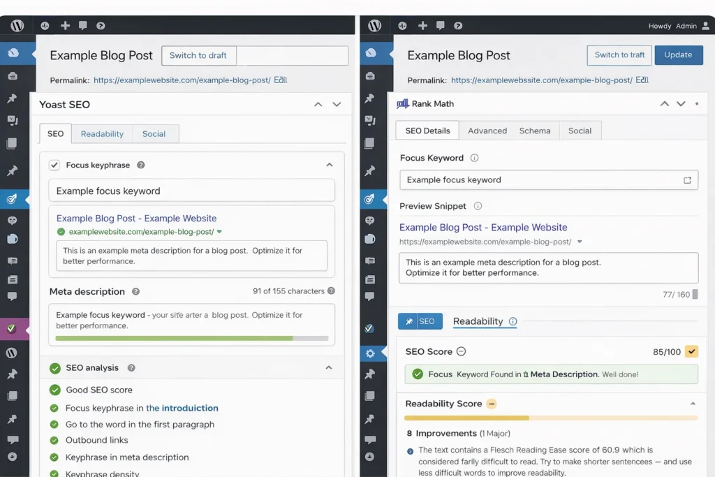 WordPress dashboard showing Yoast SEO and RankMath plugin interfaces for wordpress seo optimization and meta tag editing