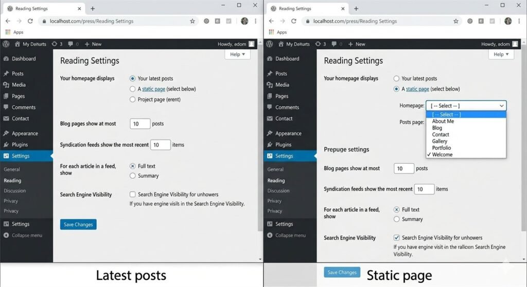 WordPress static homepage vs latest posts setting showing difference in homepage title handling