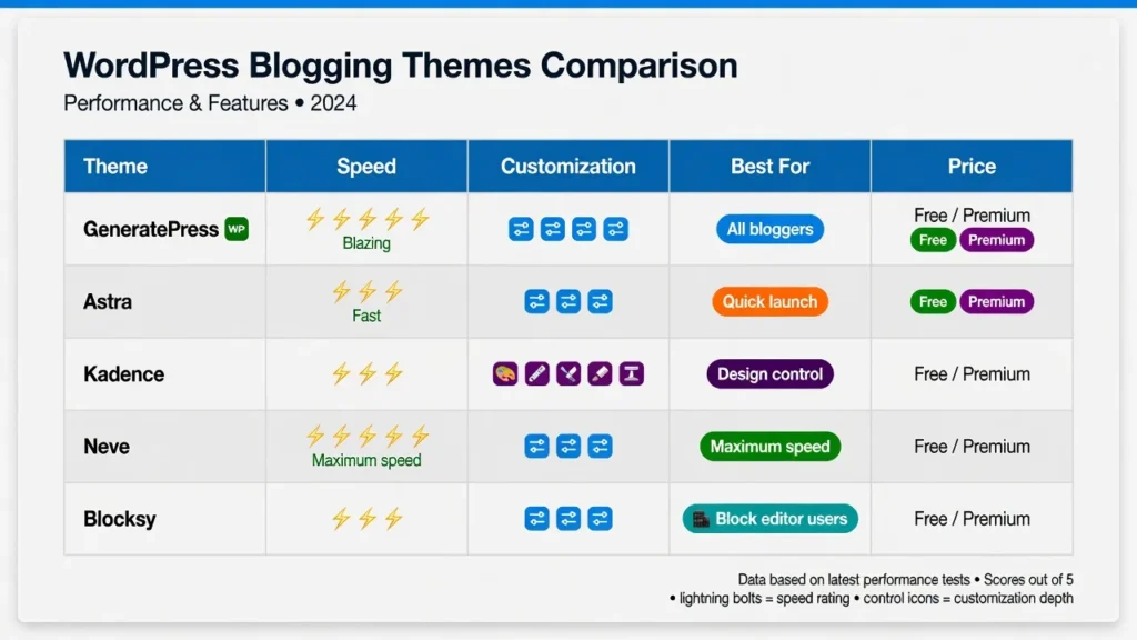 Comparison table of 5 WordPress blogging themes showing GeneratePress, Astra, Kadence, Neve, and Blocksy with ratings for speed, customization options, best use cases, and pricing