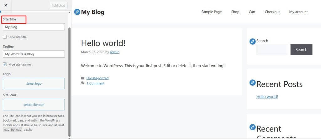 WordPress theme and customizer settings showing homepage title overrides, header layout, and homepage template options