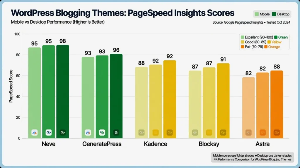 Bar chart comparing PageSpeed Insights performance scores for 5 WordPress themes, showing Neve and GeneratePress with highest scores