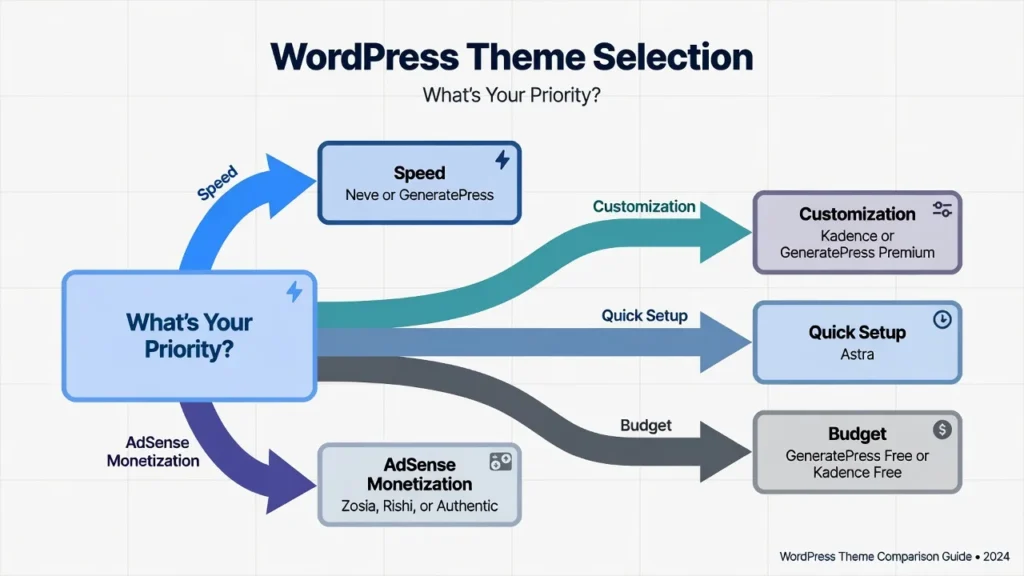 Decision tree flowchart showing how to choose WordPress theme based on priorities: Speed (Neve), Customization (Kadence), Quick Setup (Astra), Budget (Free versions), or AdSense (Monetization themes)