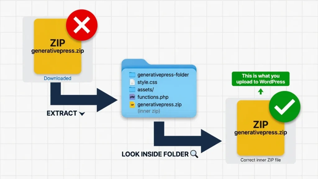 Diagram showing the WordPress theme ZIP extraction process: downloaded ZIP file contains a folder, which contains the actual theme ZIP to upload to WordPress