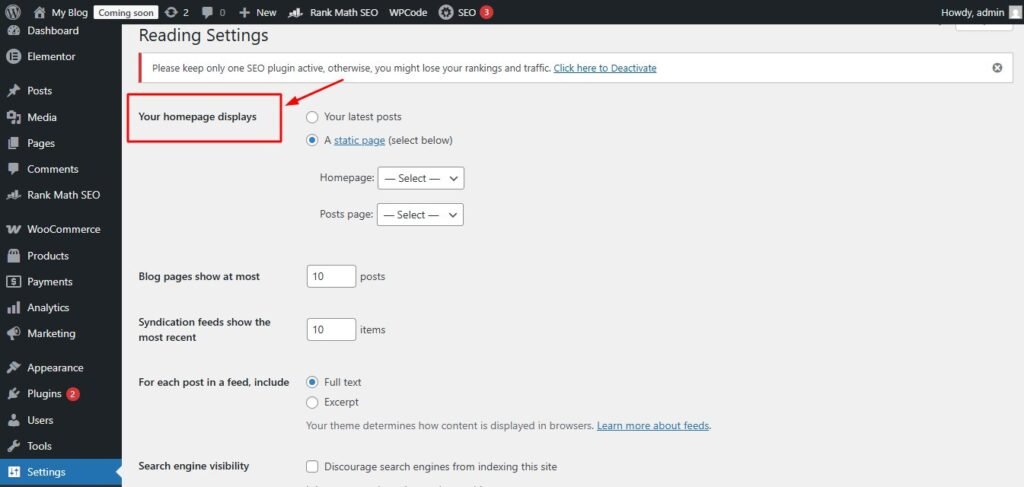 WordPress homepage and blog page title checklist showing Reading Settings, homepage, posts page, Site Identity, and SEO plugin checks