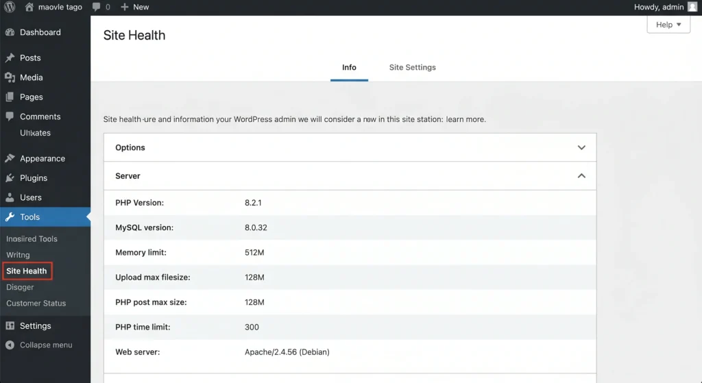 WordPress admin Tools menu with Site Health Info tab open, displaying PHP version 8.2.1 and other server specifications including memory limit and MySQL version