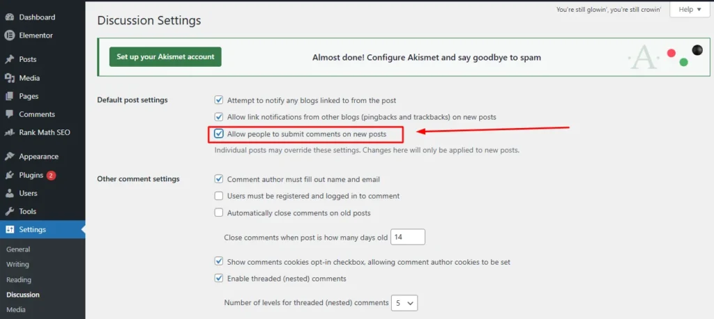 A close-up screenshot of the WordPress Default Post Settings section showing the 'Allow people to submit comments on new posts' option being unchecked.