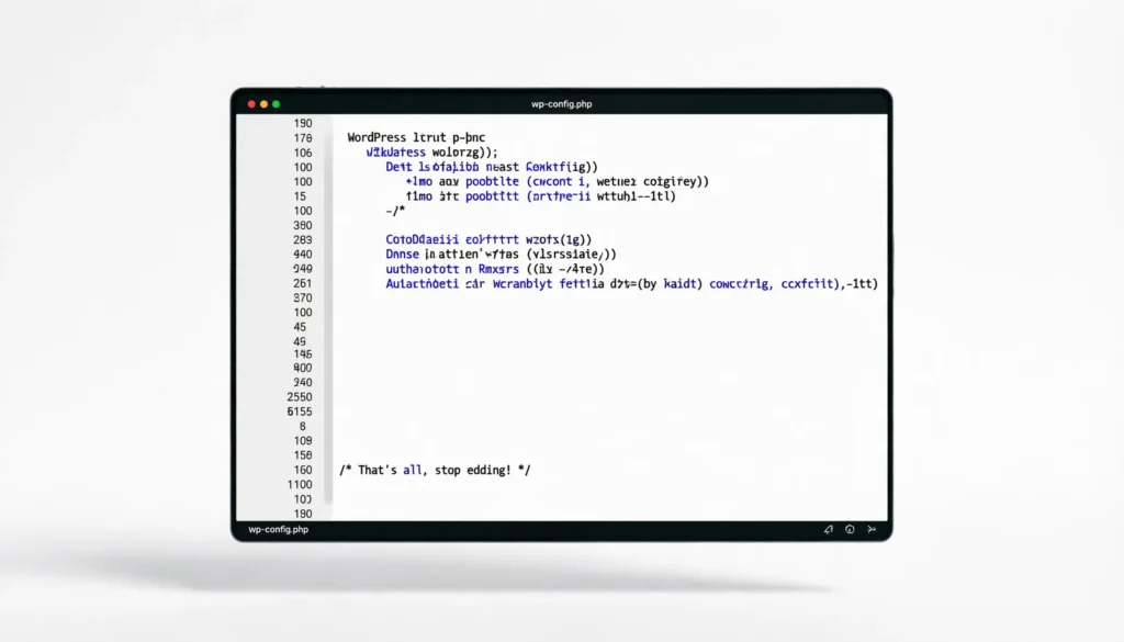 Screenshot of wp-config.php file in text editor showing where to add debug code before the "That's all, stop editing!" comment line