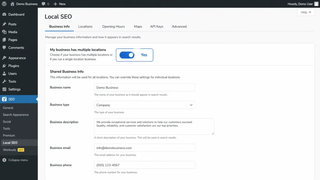 Screenshot of WordPress admin showing the Yoast Local SEO Business Info tab with the "My business has multiple locations" toggle switched to Yes