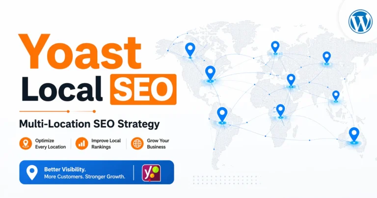Yoast Local SEO featured image showing location pins on a world map representing multi-location business SEO optimization strategy
