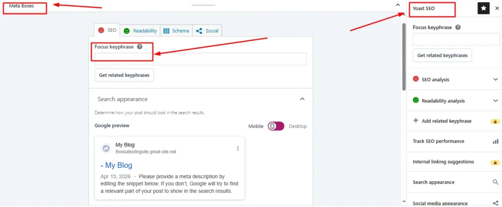 Yoast SEO plugin meta box interface in WordPress editor showing traffic light scoring system with green, orange, and red indicators, focus keyword field, SEO analysis checklist, and meta description editor