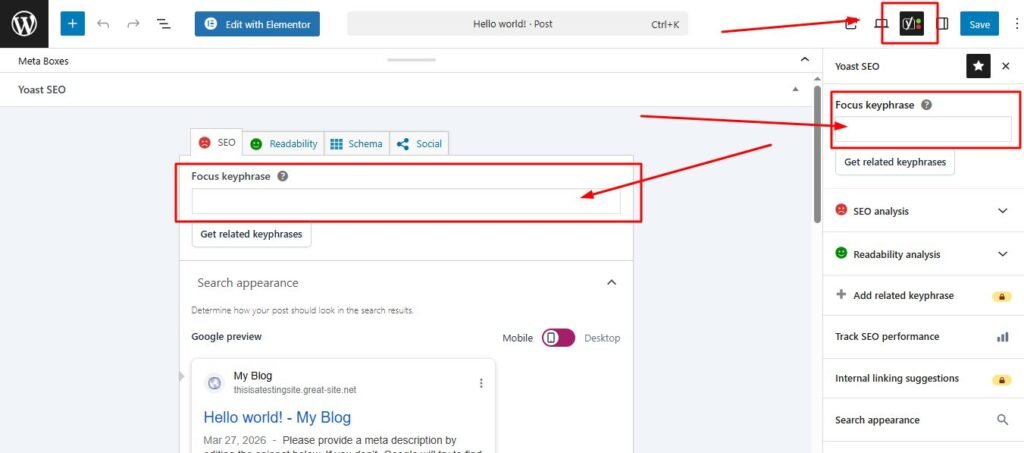 A step-by-step visual of the Yoast SEO meta box showing focus keyphrase input, snippet editor, and SEO analysis results in WordPress.