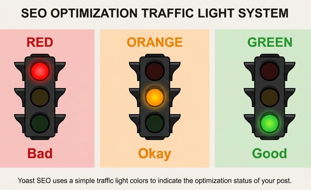A diagram explaining the Yoast SEO traffic light system with three signals showing Red for Bad, Orange for Okay, and Green for Good optimization status.