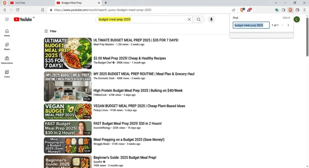 Screenshot of YouTube search results showing Ctrl+F find dialog highlighting keyword only in search bar, demonstrating content gap opportunity
