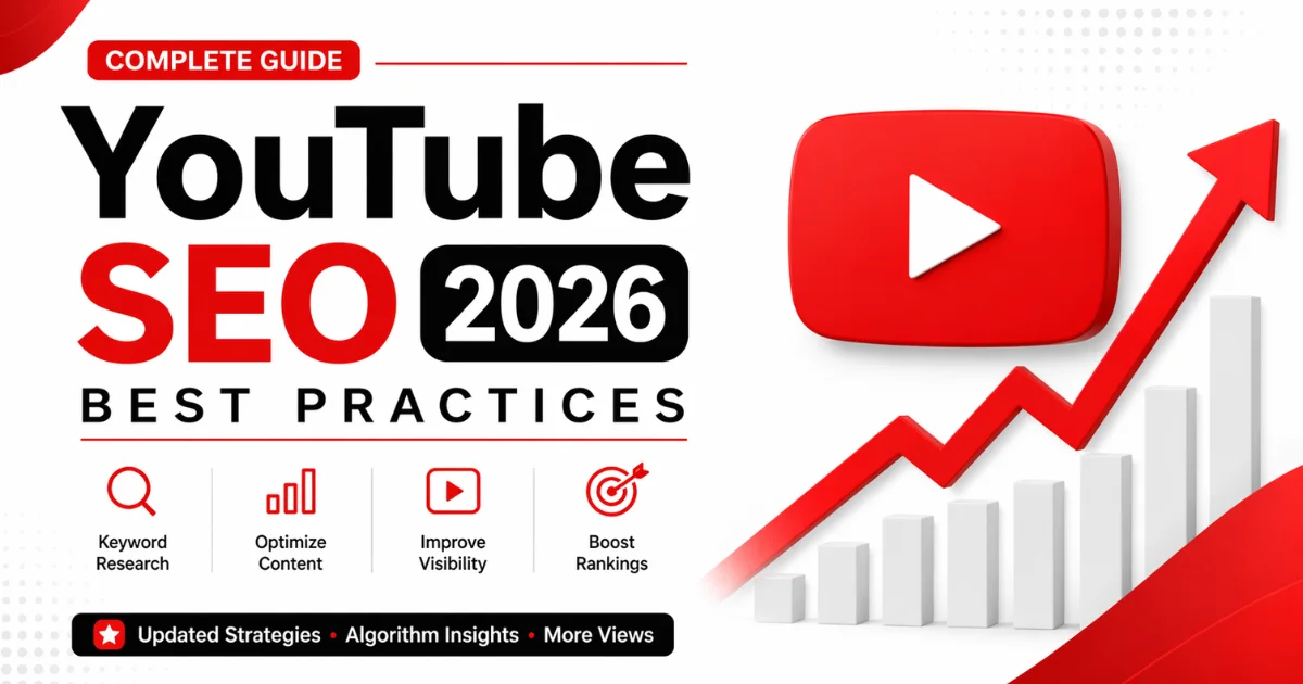 YouTube SEO best practices 2025 complete guide featuring red play button icon and upward trending arrow on clean background