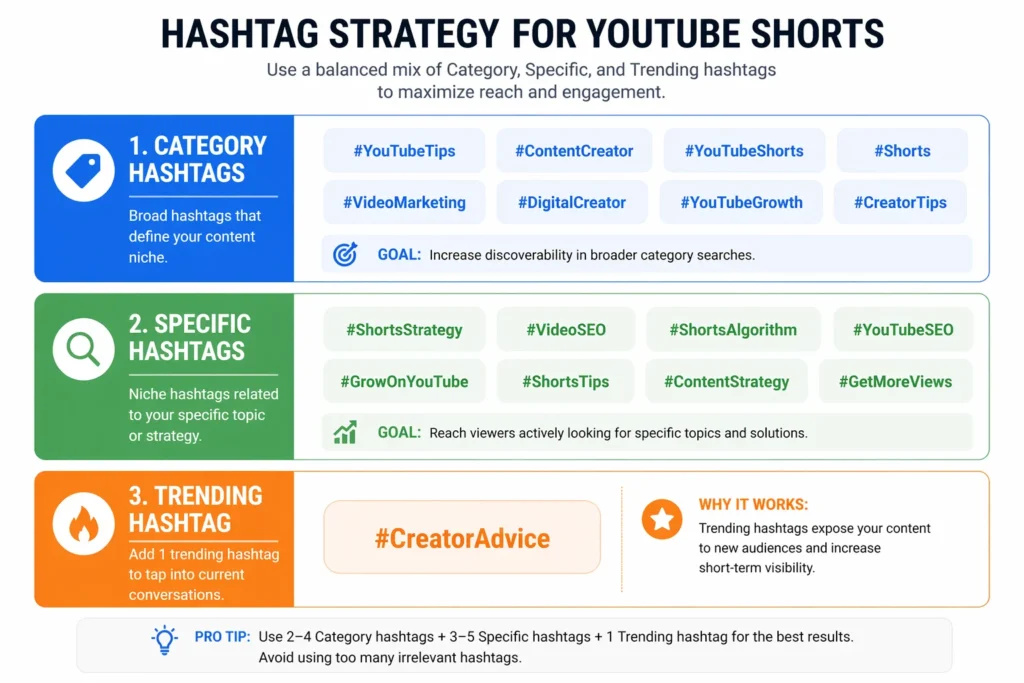 Visual guide showing the 3-3-1 hashtag formula for YouTube Shorts SEO with category, specific, and trending hashtag examples