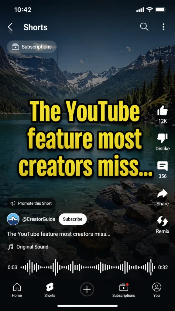 Screenshot of YouTube Shorts player showing visual text hook and audio waveform in first 3 seconds for optimization